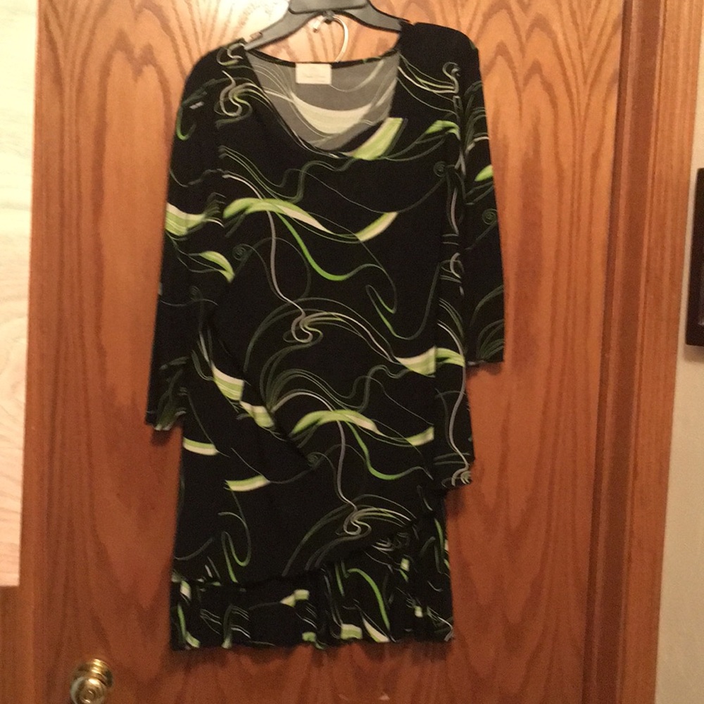 2 pc black and chartreuse tunic and skirt set.